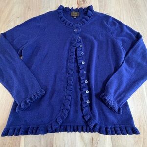 Pure Collection Sweater Womens Blue 100% Cashmere Ruffle Button Down Cardigan